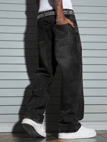 Manfinity EMRG Men's American Casual Commute Small Design Cement Dark Gray Washed Loose Straight Wide Leg Pants - Dark Grey - View 2