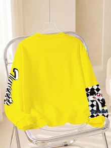 LOONEY TUNES X SHEIN 女款字母卡通印花圓領長袖休閒運動衫 - 白色 - 查看 2
