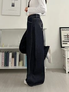 DAZY Women's Loose Straight Leg Casual Jeans With Letter Rhinestone Decor - Dark Wash - View 3