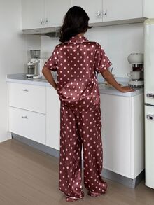 ZzzCrew HELLO KITTY AND FRIENDS | SHEIN Collaboration Cute Cartoon Polka Dot Print Lapel Faux Silk Pajama Set - Brown - View 3
