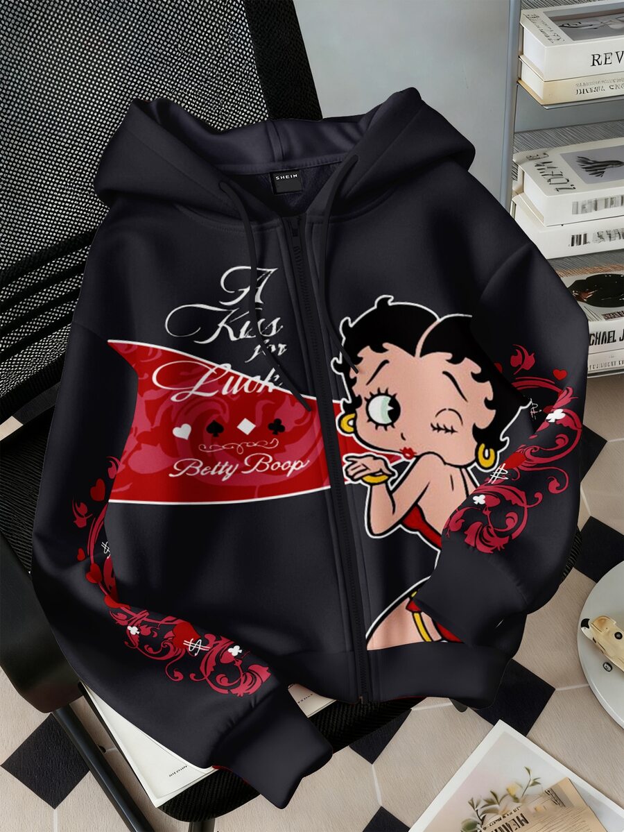 Attitoon Betty Boop x SHEIN Women's Letter Cartoon Pattern Casual Daily Sweatshirt - Multicolor - View 1