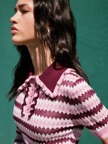 Nöista 女款街頭風鈕扣條紋提花拼色針織毛衣 - 酒紅色 - 查看 4
