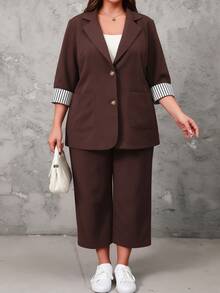 SHEIN LUNE 2pcs Plus Size Women's Striped Collar Top And Pants Set Fall - Coffee Brown - View 6