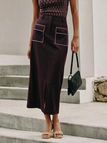 Nöista Misi Skirt Contrast Piping And Front Slit Opening - Burgundy - View 4