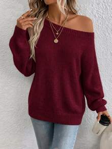 EMERY ROSE Women's Solid Color One Shoulder Long Sleeve Loose Sweater, Autumn/Winter - Burgundy - View 4