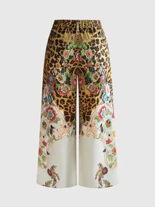 ROMWE Grunge Punk Plus Size Vintage Leopard & Floral Print Y2K Fitted Denim Wide Leg Pants - Multicolor - View 2
