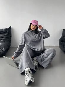 POPSWAY 大尺碼女款純色長袖運動衫與長褲休閒日常套裝 - 深灰色 - 查看 3
