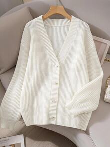 SHEIN Teen Girl Teen Girls Cardigans Autumn/Winter Casual Loose White Solid Color Ribbed V-Neck Open Front - White - View 3
