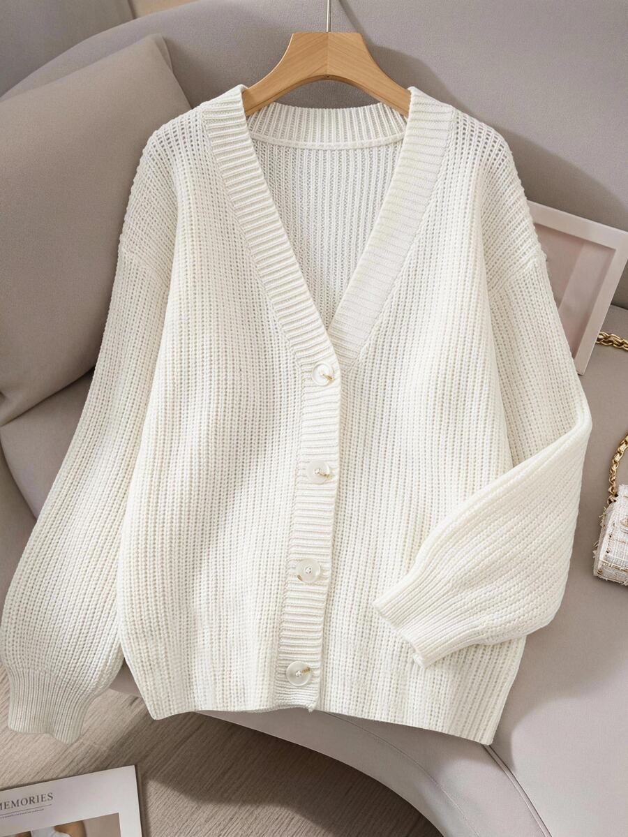SHEIN Teen Girl Teen Girls Cardigans Autumn/Winter Casual Loose White Solid Color Ribbed V-Neck Open Front - White - View 1