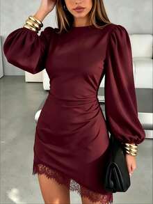 SHEIN LUNE Solid Black Round Neck Puff Long Sleeve Side Ruched Lace Hem Short Dress, Slim Fit Flattering Sexy Little Black Dress For Date, Party, Commute, Autumn/Winter - Burgundy - View 3