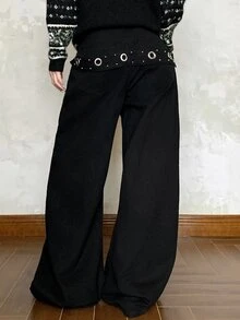 DAZY Women's Washed Loose Fit Jeans With Eyelet Studs And Back Pocket Design - Black - View 4