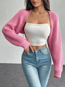 SHEIN PETITE 女款素色長袖無袖休閒針織開襟衫 - 粉色 - 查看 1