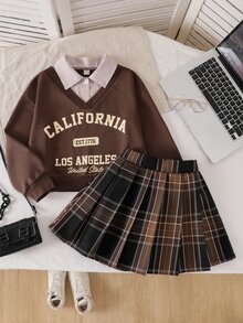 SHEIN 女童時尚寬鬆休閒翻領上衣 2合1設計 + 條紋格紋百搭裙，學院風 - 棕色 - 查看 3
