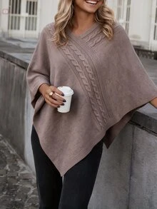 Sprig & Strand Women's Soft Elegant Autumn/Winter Diagonal Cable Knit Shawl, V-Neck Cape Style Asymmetrical Hem, Versatile Layering Outerwear For Daily Commute And Dating - Mocha Brown - View 3