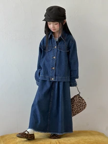 DAZY (Gadis Remaja) Set Denim 2 Potong Kasual Lucu Bahan Denim Washed Lengan Panjang Berkerah + Rok Lipit A-Line Kasual - Dark Wash - View 7