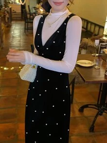 DAZY Women's V-Neck Elegant Layered Midi Dress - Black - View 8