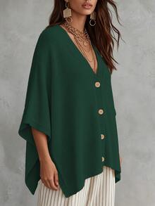 Linhara CURVE Plus Size Women Solid Color Knit Shawl Cardigan V-Neck Metal Button Suitable For Daily Casual Office Vacation Plus Size Women Cardigan - Green - View 7