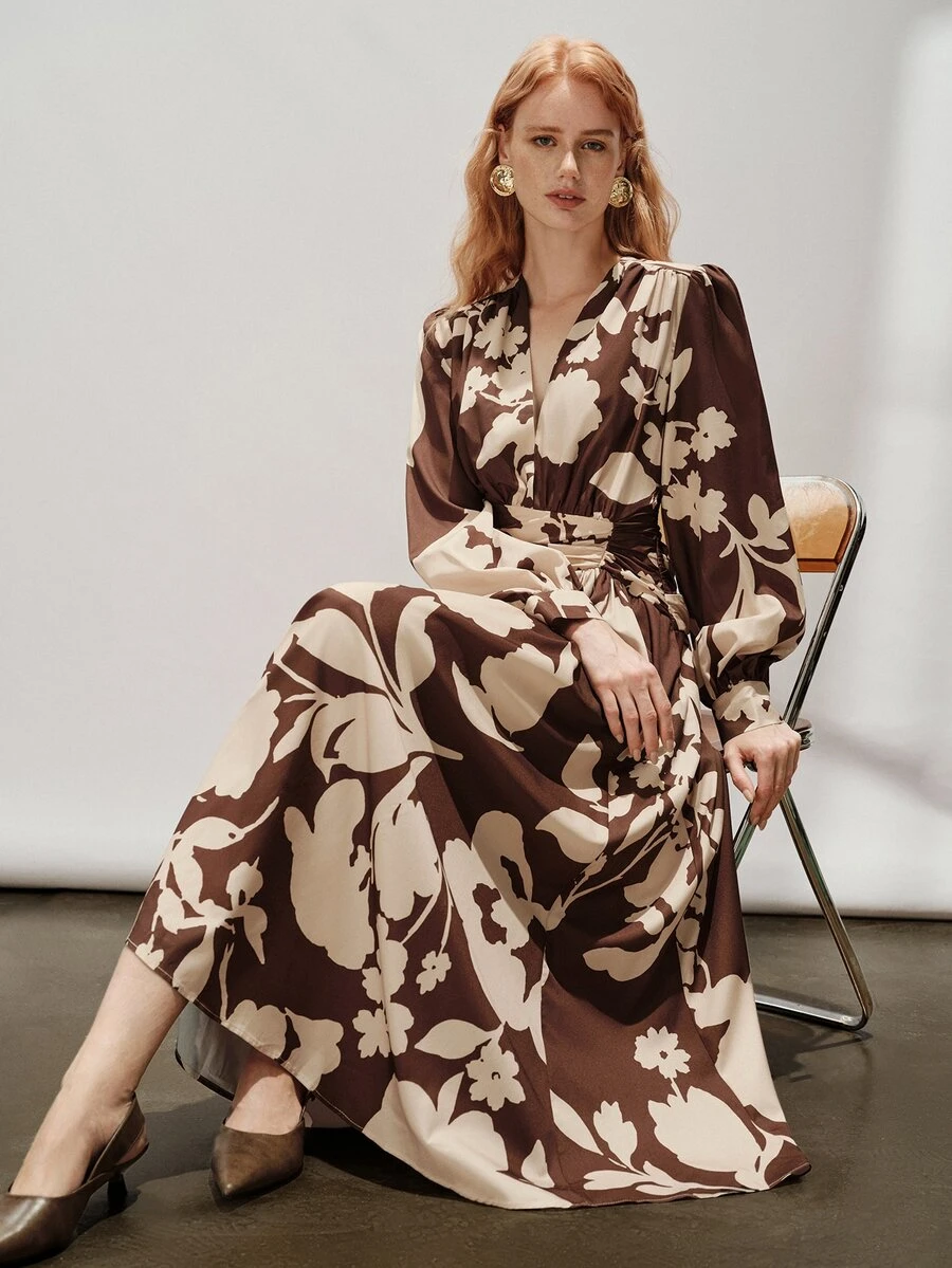 Aveloria Modichic European And American Style Autumn/Winter New Fashion Versatile Floral Print V-Neck Pleated Design Elegant Commute Classic Women's Long Dress - Multicolor - View 1