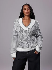 Rustia Plus Size Women's Loose V-Neck Colorblock Long Sleeve Pullover Sweater, Suitable For Daily Wear And Travel Winter - Multicolor - View 2