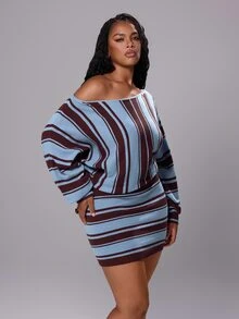 Rustia Plus Size Women Striped Off Shoulder Batwing Sleeve Knit Two Pieces Outfits, Loose Knit Top & Bodycon Mini Skirt Matching Set, Fall Winter Item - Black - View 7
