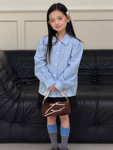 DAZY Tween Girl Solid Color Long Sleeve Single-Breasted Casual Shirt - Blue - View 3