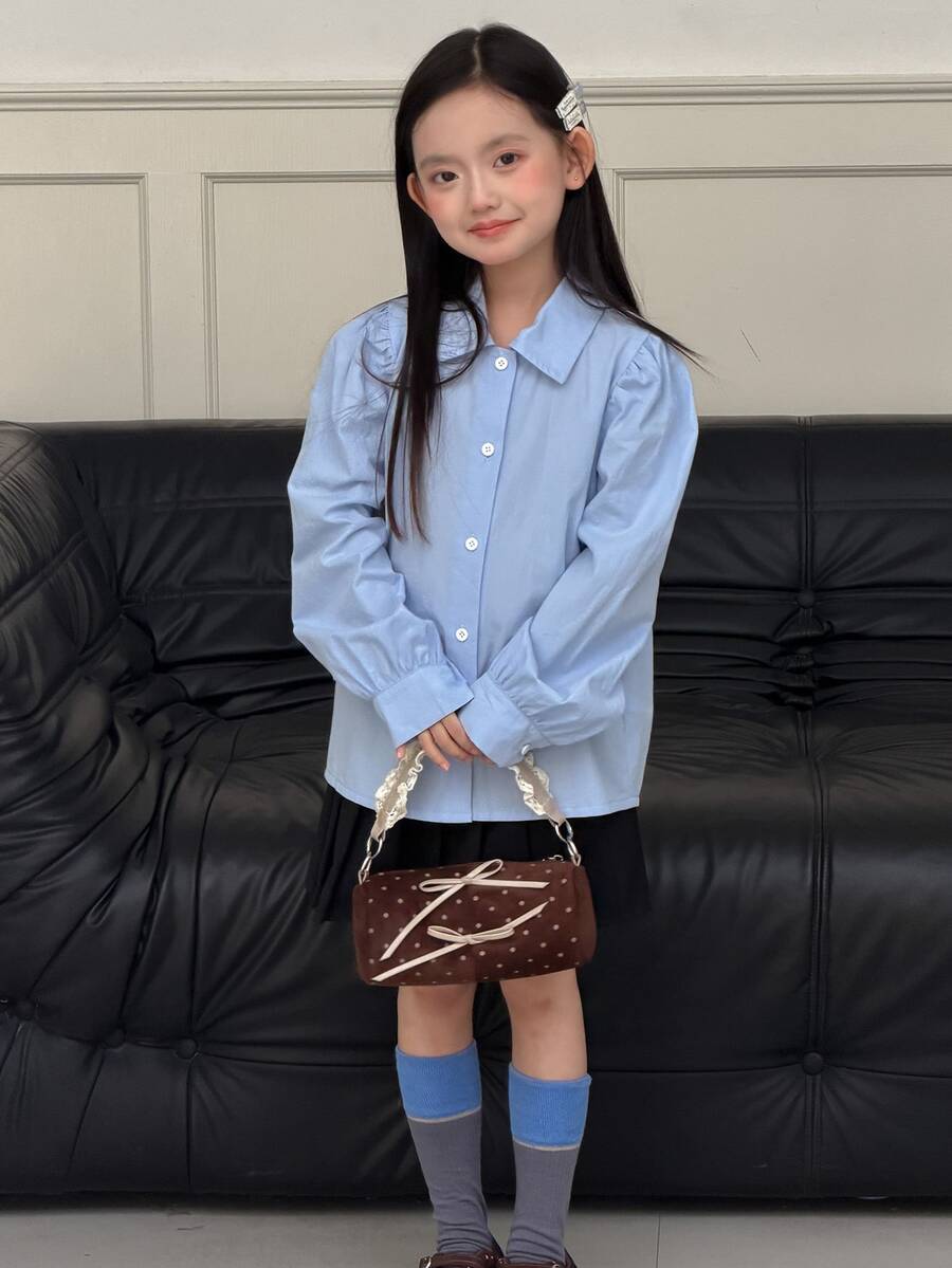 DAZY Tween Girl Solid Color Long Sleeve Single-Breasted Casual Shirt - Blue - View 1