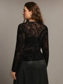 Freevana 大尺碼女款黑色蕾絲上衣，長袖圓領植絨佩斯利花紋設計上衣，植絨網紗花卉長袖上衣，圓領修身透視蕾絲內搭衫，優雅女裝 - 黑色 - 查看 2
