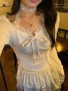 DAZY Women's Casual Ruffle Trim Long Sleeve Girlish Fresh Korean Style T-Shirt - White - View 7