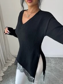 Elenzga Women's Solid Color V-Neck Asymmetrical Lace Patchwork Knit Loose Slimming Slanted Hem Mid-Length Gentle Slouchy Sweater - Black - View 5