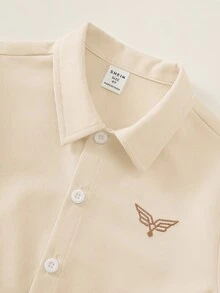 SHEIN 男童小男孩夏季秋季休閒百搭小學中學白色校服襯衫上衣 正式襯衫 - 卡其色 - 查看 7