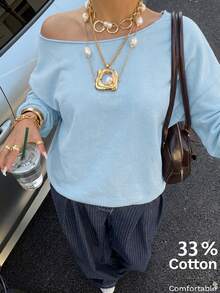SHEIN EZwear 淺藍色女款露肩寬鬆休閒長袖衛衣 34%棉 - 粉色 - 查看 2