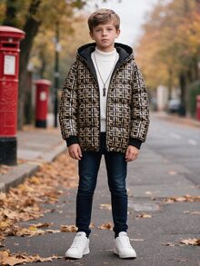 SHEIN 青少年男孩休閒舒適百搭印花圖案連帽外套，加厚款，適合冬季與戶外穿著 - 彩色 - 查看 6