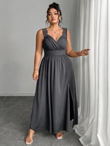 Elenzga Plus Size V-Neck Contrast Lace Strap Flared Slimming Ribbed Long Dress With Side Slit - Dark Grey - View 7
