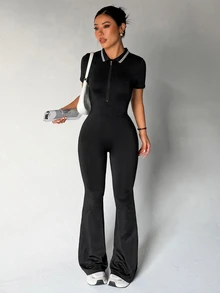 Dewbera Dewbera Women's Patchwork Striped Zipper Half-Placket Short Sleeve Sport Flare Leg Jumpsuit - Black - View 3