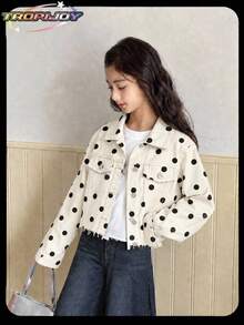SHEIN TWEEN GIRLS 青少年女孩波點牛仔夾克，四季休閒可愛復古風，白色底黑波點配色，滿版波點印花，翻領單排扣，毛邊下擺，雙胸袋，短版寬鬆版型，舒適柔軟棉質牛仔面料，春/秋熱銷款 - 白色 - 查看 7