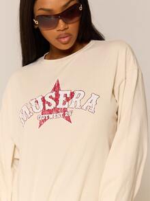 MUSERA 白色圖形 Logo 細節長袖上衣 冬季休閒日常舒適穿搭 女款酷白色上衣 - 杏色 - 查看 5