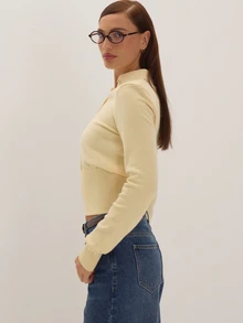 MUSEYN Butter Yellow Knit Cinched Waist Shoulder Pad Polo Sweater Cosy Versatile Everyday Casual New Season Fall - Cream - View 3