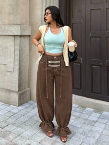 Rivivi 大尺碼女款無彈力丹寧翻邊咖啡棕條紋燈籠褲 牛仔風女裝套裝 - 咖啡棕 - 查看 6