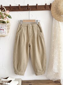 SHEIN 女童休閒日常牛仔長褲 壓褶口袋設計 - 卡其色 - 查看 4