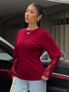 Muchica 女款白色針織收腰設計對比蕾絲 2 合 1 T恤 - 酒紅色 - 查看 4