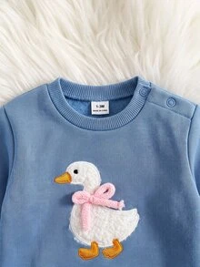 SHEIN 新生兒 3D 鴨子刺繡兒童圖案肩扣刷毛加厚套頭秋季衛衣與印花彈性內搭褲套裝，適合冬季 - 藍色 - 查看 8