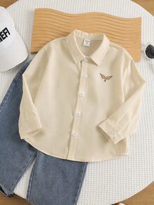 SHEIN 男童小男孩夏季秋季休閒百搭小學中學白色校服襯衫上衣 正式襯衫 - 卡其色 - 查看 6