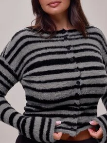 MUSERA 大尺碼女款黃色撞色針織開襟鈕扣開襟衫，秋冬外出穿搭外套 - 灰色 - 查看 5