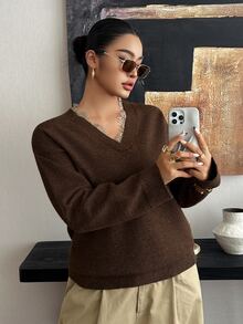 Dazy Plus V-Neck Contrast Lace Design Loose Fit Brown Vintage Sweater, New Autumn/Winter - Brown - View 5