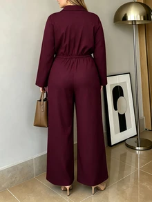 Elenzga Plus Size Chic Commuter Jumpsuit, Lapel Collar Button Down Drawstring Waist Loose Wide Leg Jumpsuit - Burgundy - View 2