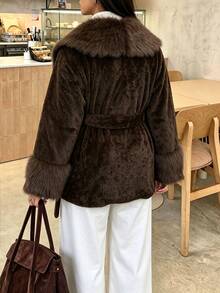 Easura Plus Size Women Solid Color Long Sleeve Waist Tie Fashion Faux Fur Coat - Coffee Brown - View 2