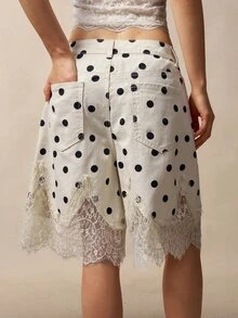 Bohemela Women's Lace Patchwork Polka Dot Casual Daily Shorts - Apricot - View 3