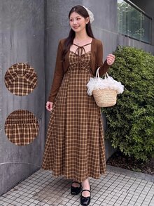 Bijouette Plus Size Women's Plaid Pleated Dress And Solid Color Cardigan Casual 2 Pieces Set Fall - Coffee Brown - View 11