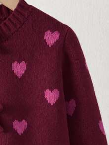 SHEIN Playful Pals Young Girl' Thick Knit Cardigan With Bow,Heart Pattern Button Sweater Jacket,Winter Fairy School Back-To-School,Long Sleeve Clothes For Autumn/Winter - Burgundy - View 4