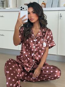 ZzzCrew HELLO KITTY AND FRIENDS | SHEIN Collaboration Cute Cartoon Polka Dot Print Lapel Faux Silk Pajama Set - Brown - View 5